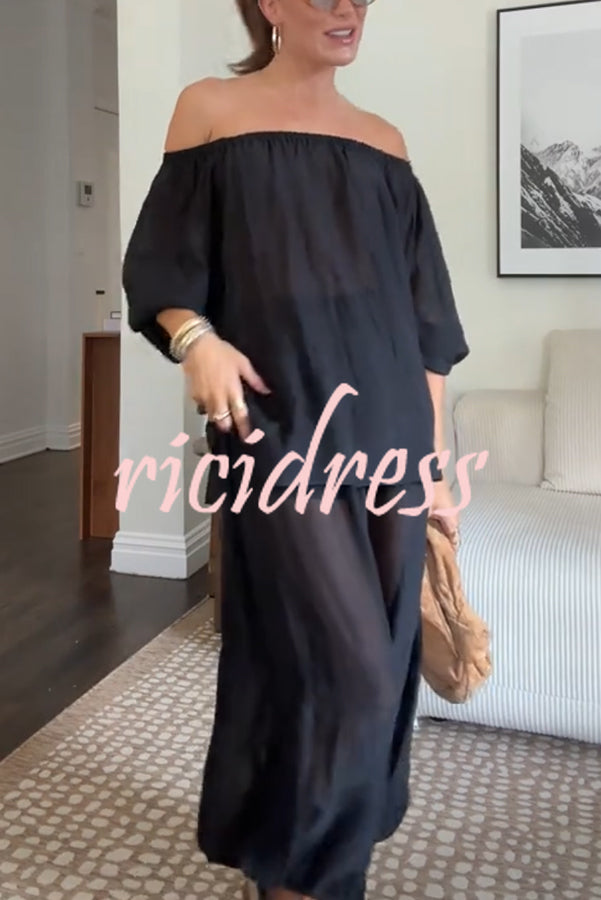 Comfortable Area Chiffon Off Shoulder Balloon Sleeve Top and Elastic Waist Knotted Bloomer Set