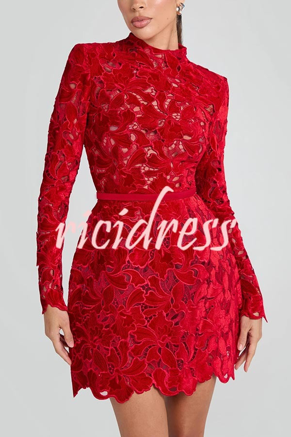 Lydia Embroidered Floral Lace Long Sleeve Belt Tulip Shaped Mini Dress