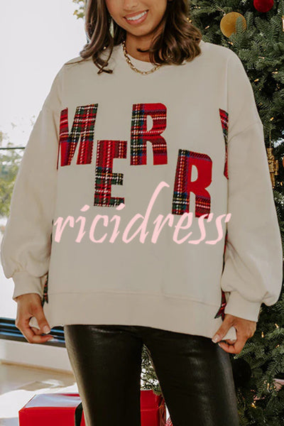 Merry Plaid Embroidered Bow Long-Sleeve Loose Sweatshirt