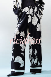 Unique Print Lapel Long Sleeve Loose Shirt and Elastic Waist Casual Pocket Wide Leg Pants Set