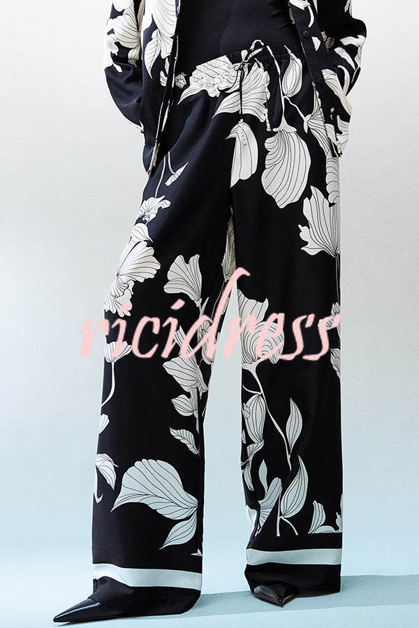Unique Print Lapel Long Sleeve Loose Shirt and Elastic Waist Casual Pocket Wide Leg Pants Set