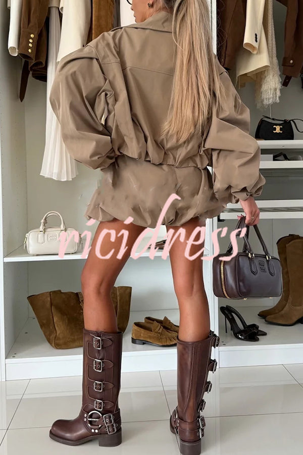 Fashion Style Button Long Balloon Sleeve Pocket Lapel Casual Bomber Jacket