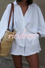 Solid Color Lapel Long Sleeve Loose Shirt and Elastic Waist Casual Pocket Shorts Set