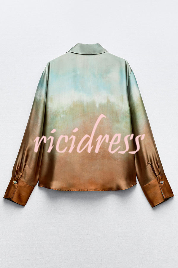 Fashionable Gradient Print Lapel Long Sleeve Casual Shirt
