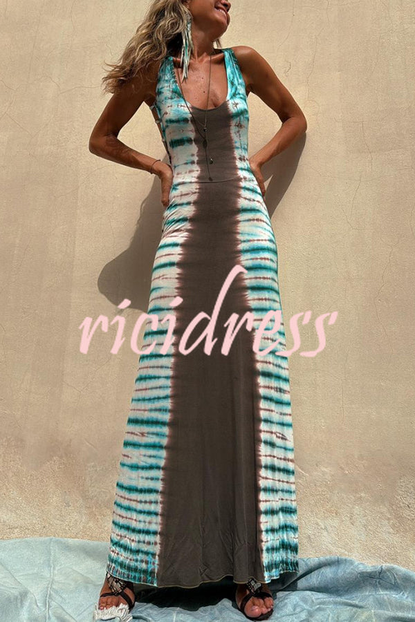 NIL Tie-dye Print Back Lace-up Stretch Maxi Dress