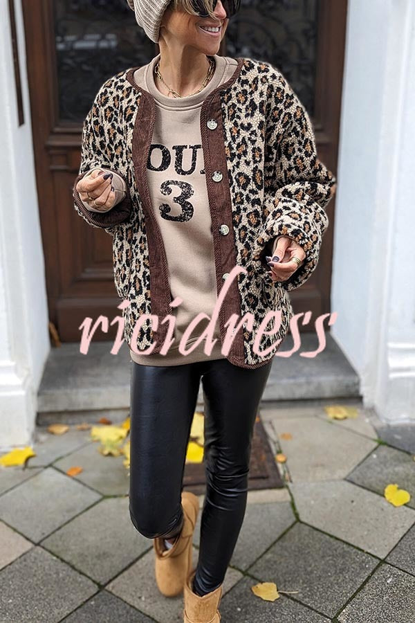 Warm Feel Colorblock Leopard Print Plush Button Up Pocketed Teddy Jacket