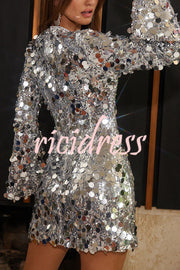 Fashionable and Dazzling Large Sequins Long Bell Sleeve H-line Mini Dress