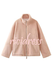 Solid Color Stitching High Collar Long Sleeve Loose Pocket Woolen Coat