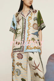 Deep Sea Dreaming Satin Unique Print Short Sleeve Shirt and Elastic Waist Pocketed Pants Set