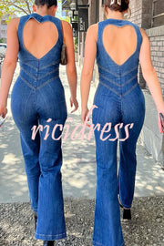 Fashionable Heart Hollow Back Slim High Waist Flared Denim Jumpsuit