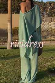 Vacation Knit Shiny Fabric Batwing Sleeve Cape Top and Cover-up Elastic Waist Loose Pants Set