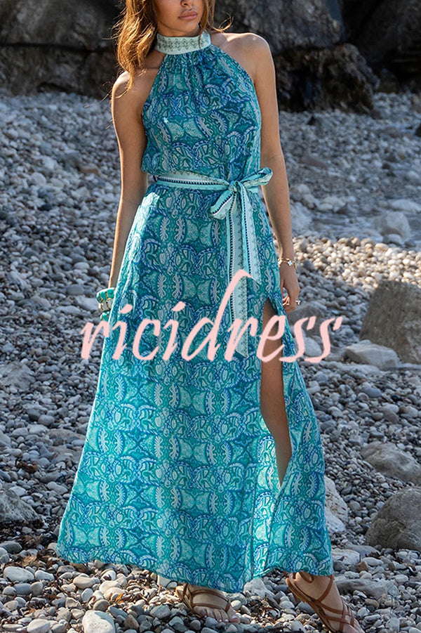Unique Print Sexy Off-the-shoulder Waist Tie Slit Holiday Midi Dresses