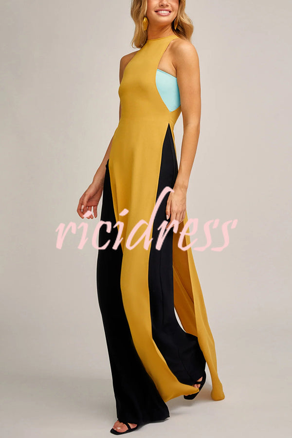 Fashionable Contrast Color Stitching Sleeveless Slim Maxi Dress