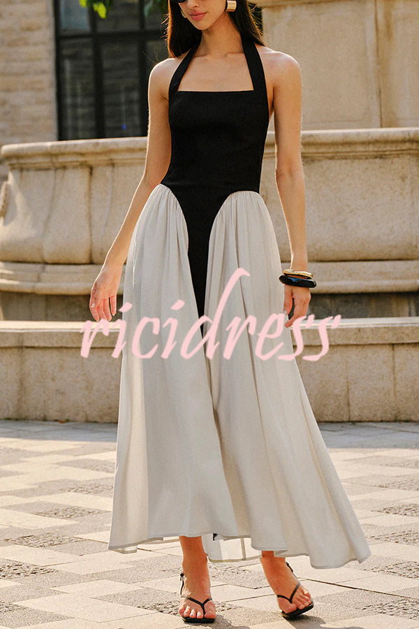 Fashion Contrast Color Stitching Sleeveless Backless Slim Maxi Dress