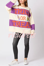 Halloween Letter Sequined Color Block Loose Casual Sweatshirt