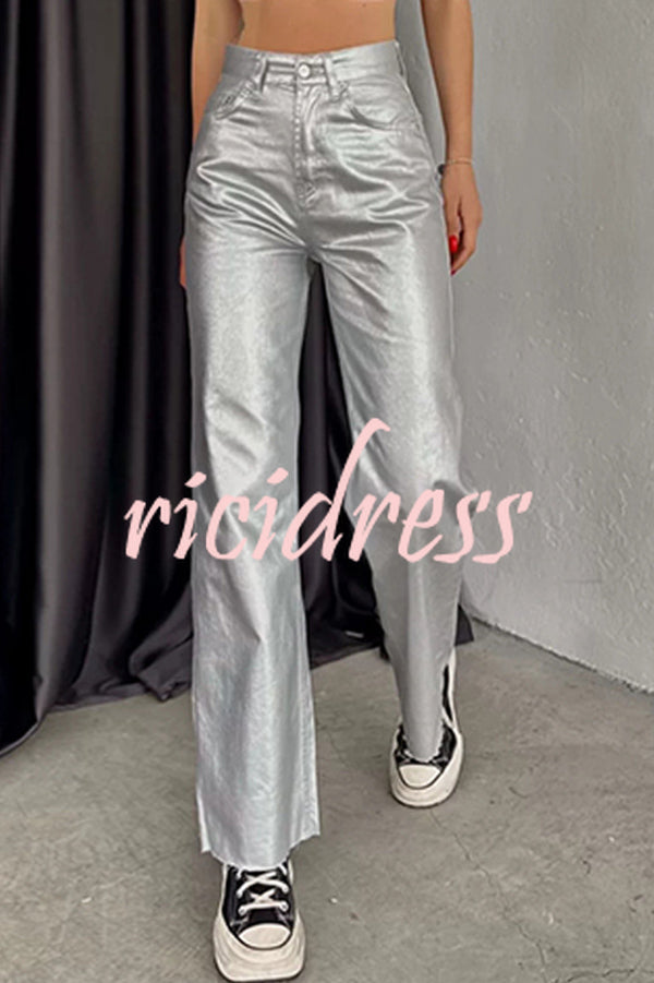 Stylish Metallic Fabric Pocket Casual Straight Wide-Leg Pants