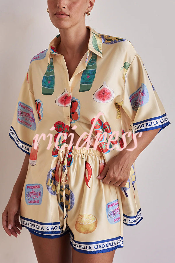 Satin Unique Print Lapel Short Sleeve Loose Shirt and Elastic Waist Drawstring Shorts Set