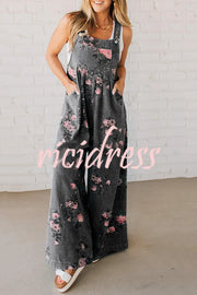 Fashion Floral Print Casual Button Pocket Loose Denim Overalls
