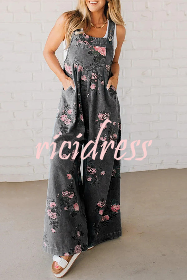 Fashion Floral Print Casual Button Pocket Loose Denim Overalls