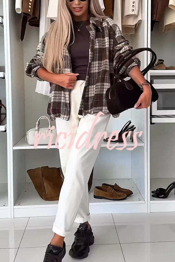 Fashion Plaid Print Lapel Long Sleeve Loose Zipper Jacket