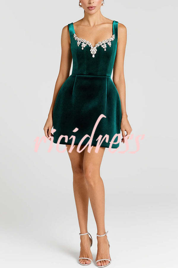 Blair Luxurious Velvet Jewel-encrusted Sweetheart Neck Pocket Tulip Stretch Mini Dress