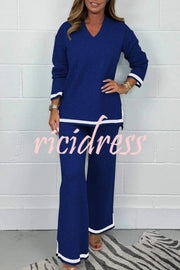 Solid Color V-neck Long-sleeved Loose Top and Elastic Waist Wide-leg Pants Set