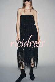 Chic Celebration Layered Sequined Tassels Slip Strapless H-line Midi Dress