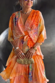 Stylish Tie-dye V-neck Tie-waist Layered Maxi Dress