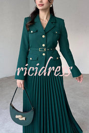 Solid Color Lapel Button Belt Blazer and Pleated Casual Maxi Skirt Set