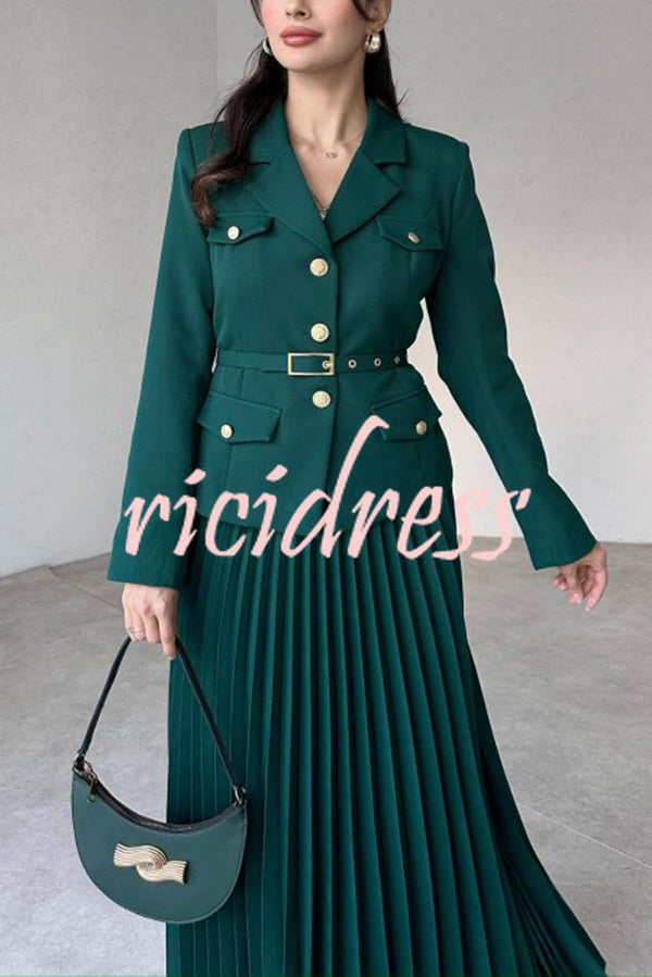 Solid Color Lapel Button Belt Blazer and Pleated Casual Maxi Skirt Set