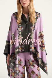 Satin Unique Print Loose Batwing Sleeve Top and Elastic Waist Pocket Casual Wide-leg Pants Set