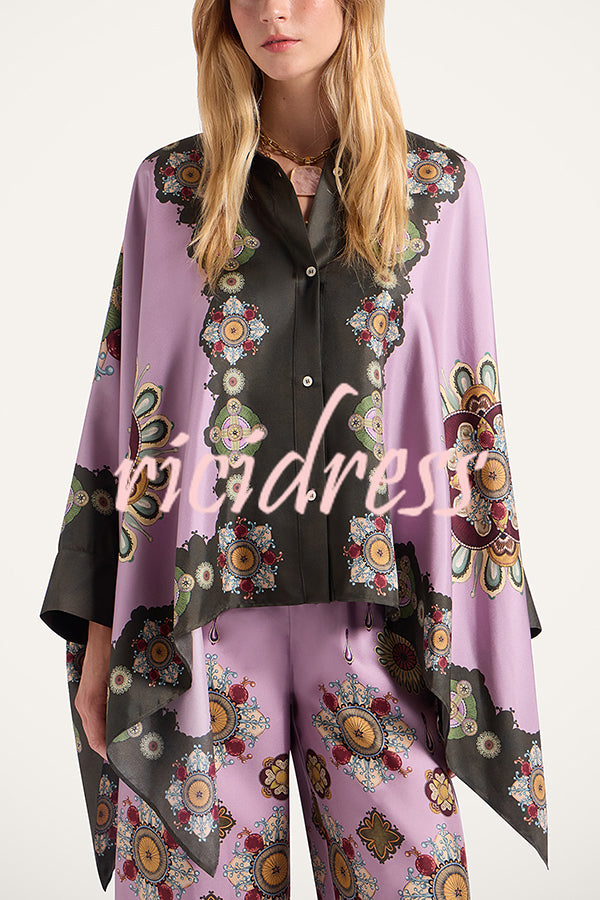 Satin Unique Print Loose Batwing Sleeve Top and Elastic Waist Pocket Casual Wide-leg Pants Set