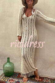 Somewhere Sunny Hollow Out Tassel Long Sleeve Knit Beach Maxi Dress