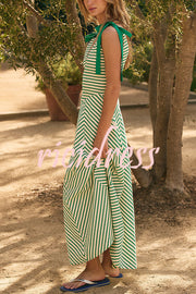 Striped Print V-Neck Lace-Up Backless Holiday Midi Dress
