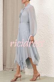 Elegant and Graceful Tie-up Neck Long Balloon Sleeve Handkerchief Midi Dress