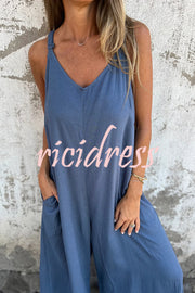 Linen Blend Solid Color Suspenders Loose Pockets Casual Wide-leg Jumpsuit