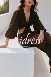 Lets Go Out Linen Blend Balloon Sleeve Wrap Tie-up Loose Top