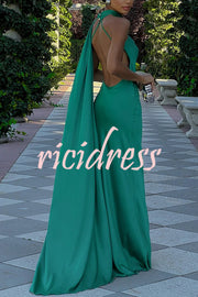 Crush on You Satin One Shoulder Backless Cape Maxi Dress