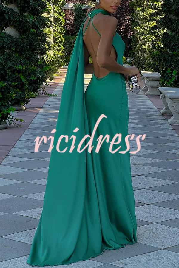 Crush on You Satin One Shoulder Backless Cape Maxi Dress