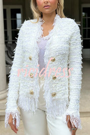 Solid Color Metal Button Long Sleeve Elegant Tassel Top