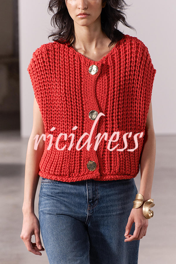 Solid Color Sleeveless Pocket Knitted Vest