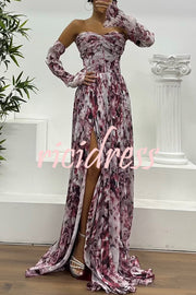 Reina Chiffon Floral Print Pleated Bodice Split Sleeve Strapless Slit Maxi Dress