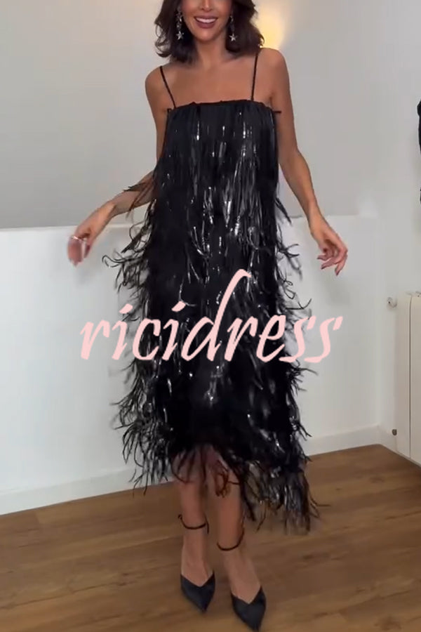 Chic Celebration Layered Sequined Tassels Slip Strapless H-line Midi Dress
