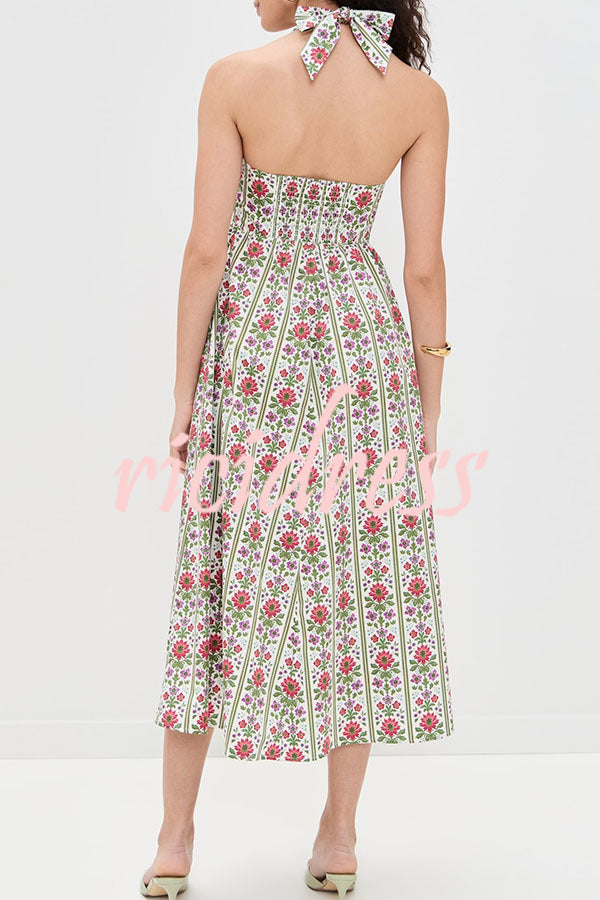 Summer Event Linen Blend Floral Pocketed Halter Maxi Dress