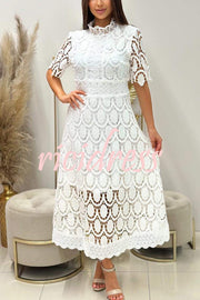 Elegant Crocheted Cutout Lace Short-sleeved Stand-collar Midi Dress