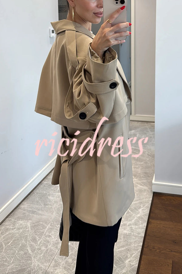 Modern Urban Dropped Shoulder Strap Button Detail Belted Lapel Loose Trench Coat