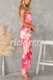 Imposter Mesh Floral Asymmetrical Neck Ruched Stretch Maxi Dress