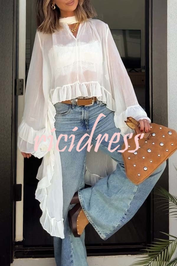 Flowy See-through Ruffle Tie-up Neck Bell Sleeve High-low Hem Cape Shirt