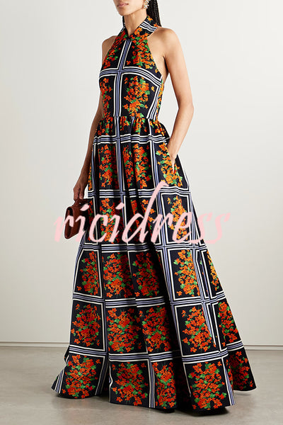 Floral Print Sexy Halter Neck Backless Elegant Maxi Dress