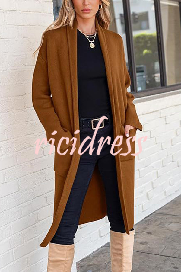Solid Color Long-sleeved Casual Loose Pocket Mid-length Cardigan